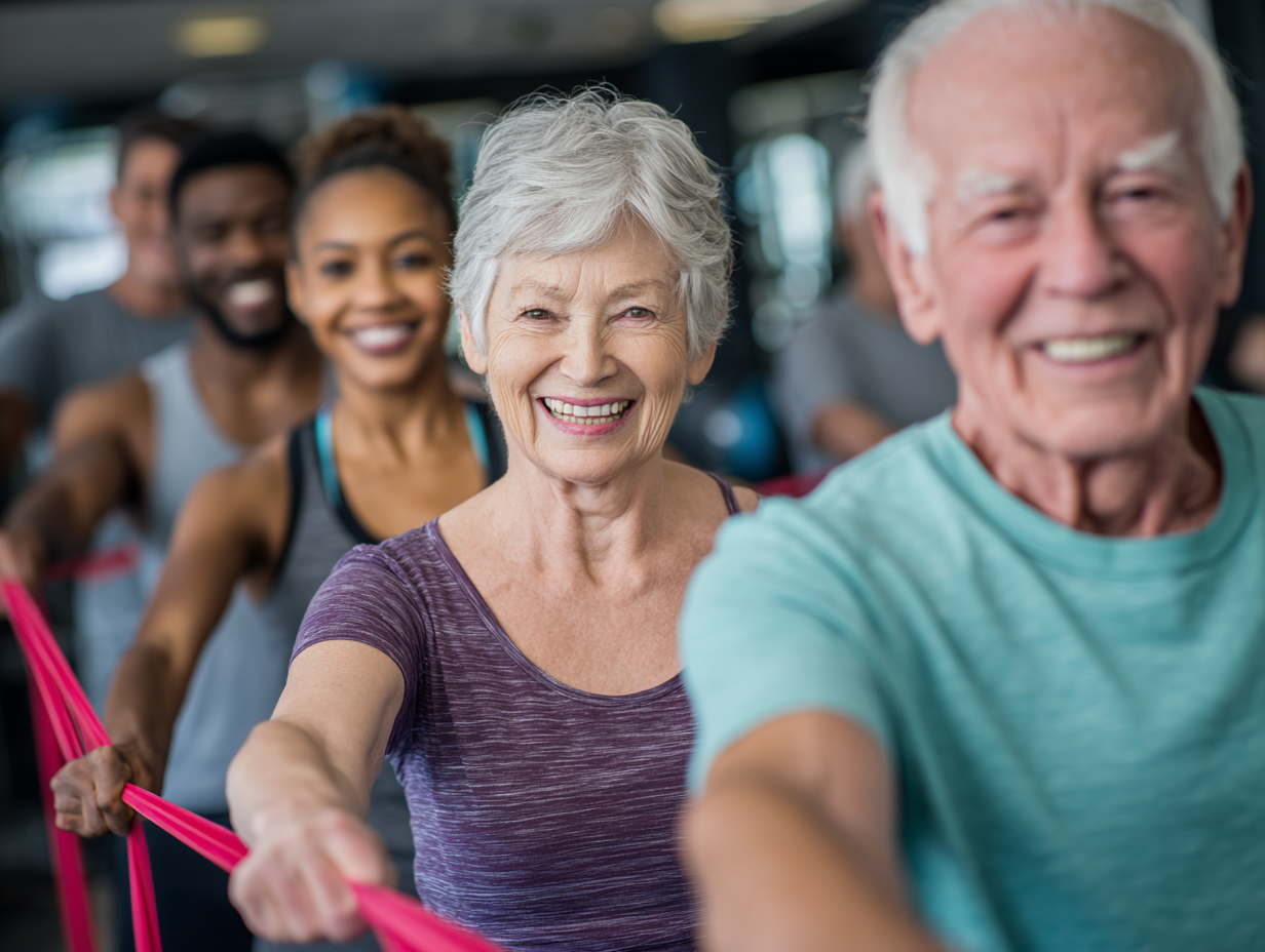 Люди різного віку займаються спортом у групі